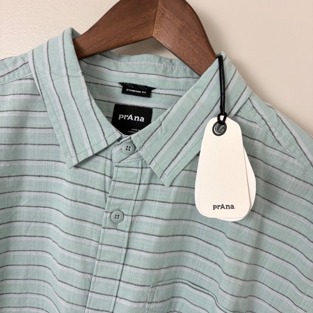 NWT prAna Button Down Shirt Mens L Green Striped S/S Organic Cotton Gorpcore